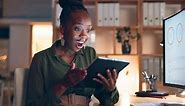 Business tablet, laughing and surprised black woman in office looking at funny meme