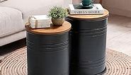 PERFNIQUE Farmhouse Storage End Table, Set of 2 Rustic Ottoman Seat Stool, Barrel Metal Accent Coffee Table with Round Wooden Lid for Living Room, Outdoor Patio Nesting End Tables (Black)