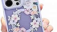 Compatible with iPhone 13 Pro Magnetic Matte Translucent Case [Luxury Shockproof MagSafe Case] [Cute Flower Pattern Hard Back Cover] iPhone 13 Pro Case for Women Girls-Purple A Floral