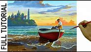 How to Paint Realistic Fisherman on Red boat in the Beach using Acrylic