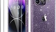 BERFY Glitter Case for iPhone 14 Pro Max, with 2Pcs Screen Protector+2Pcs Camera Protector, [Non-Yellowing] Clear Bling Sparkle Cute Shockproof Phone Case for Women, 6.7 Inch Cover, Clear Purple