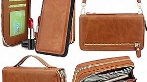 Harryshell Compatible with iPhone 8 Plus / 7 Plus / 6S Plus 5.5" Case Wallet Multi Zipper Detachable Magnetic Cover Clutch Purse Bag Card Slots Mirror Crossbody Lanyard (Light Brown)