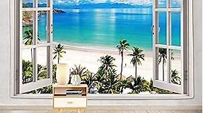 Ocean Beach Tapestry, Hawaii Sea Nature Fake Faux Window Art Tapestries Wall Hanging For Bedroom College Dorm Living Tropical Summer Room Office Decor 60X40" Aesthetic Poster