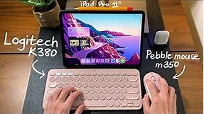 Pink Logitech K380 & M350 Pebble mouse on iPad Pro 11”