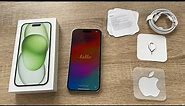 Apple iPhone 15 Green Smartphone overview, unboxing, iOS17 setup and instructions