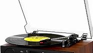 Vinyl Record Player Bluetooth with Speakers USB Recording FM Radio Mute Sound, 3 Speed Record Player with RCA Line-Out & AUX-in, Vintage Turntable Brown(2024 New Version)