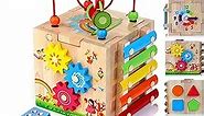 HELLOWOOD Wooden Activity Cube, 8-in-1 Montessori Toys for 1+ Year Old Boys & Girls, Educational Learning Toys for Toddlers Age 1-2, First Birthday Gift | Bonus Sorting & Stacking Board and Word Cards