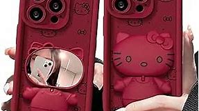 Cartoon Cute Compatible with iPhone 13 Case,Red Silicone 3D Character Kitty Cat Phone Case,with Makeup Mirror and Phone Holder,Kawaii Phone Case for Womens Kids and Girls