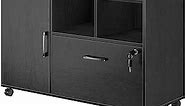 Rolanstar File Cabinet with Charging Station, Mobile Lateral Filing Cabinet with Locking Drawer, Printer Stand with Open Storage Shelf with Wheels, for Letter/Legal/A4 Size Files,Black