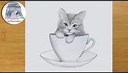 How to Draw a Cute Kitty in a Cup - Step by Step || Pencil sketch tutorial