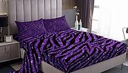 Manfei Purple Glitter Sheet Set King Size, Purple Zebra Print Bed Sheet Set 4pcs with Deep Pocket Fitted Sheet + Flat Sheet + 2 Pillowcases, Wild Animal Print Bedding Set for Kids Girls Room Decor