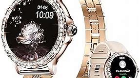 Smart Watches for Women (Answer/Make Call) with Diamonds, 1.3” HD Touch Screen Bluetooth Smartwatch for Android iOS Phones, Fitness Activity Trackers with Heart Rate/SpO2/BP/Sleep Monitor (Gold)