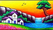 How to Draw Nature Scenery of Waterfall, Sunset and Houses | Easy Waterfall Sunset Scenery Drawing