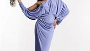 ASOS DESIGN off shoulder grecian drape midi dress in dusky blue | ASOS