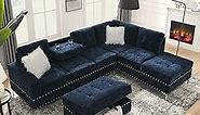 Living Room Furniture Sets,L-Shape Sectional 3-Seater Sofa with Extra Wide Reversible Chaise, Storage Ottoman and Cup Holders and Copper Nails,2 Pillows,Navy