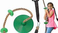 Jungle Gym Kingdom Tree Swing for Kids - Single Disc Seat and Brown Climbing Rope Set w/Carabiner and 4 Foot Strap - Treehouse and Outdoor Playground Accessories - Green