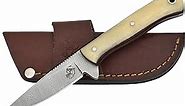 Knives Ranch 7" Fixed Blade EDC Knife with Sheath - Damascus Steel Hunting Knife - Full Tang - Bone Handle - Horizontal Carry Leather Sheath Snug Fit (3056-B)