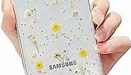 Shinymore Galaxy S22+ Flower Case, Soft Clear Flexible Rubber Pressed Dry Real Flowers Case Girls Women Glitter Floral Cover for Samsung Galaxy S22+ S22 Plus -Yellow