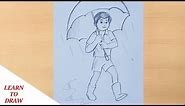 Pencil drawing of BOY with a umbrella /Rainy season drawing