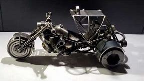 TRIKE MOTORCYCLE WITH ROOF. Scrap metal welding art sculpture. Metal recuperation