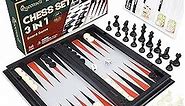 Checkers, Backgammon and Chess, 3 in 1 Sets for Adults and Kids - 3 Games in One Set – Travel Chess Set with Folding Chess Board, Checkers and Travel Backgammon Set