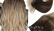 Sunny Ombre Clip in Hair Extensions Dark Roots Human Hair Clip in Extensions Balayage Dark Brown Roots to Light Brown Mix Ash Brown Ombre Hair Extensions Natural End 7pcs 16inch 120g