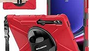 BRAECNstock Samsung Galaxy Tab S9 FE+ Plus/ S9+ Plus/ S8+ Plus/ S7 FE/ S7+ Plus 5G Tablet Case 12.4 inch, Silicone Shockproof Protective Kids Cover with Pencil Holder, Rotating Stand+Hand Strap, Red