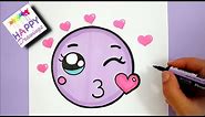 Drawing + Coloring : HOW TO DRAW A CUTE KISSING EMOJI STEP BY STEP - GIRLY