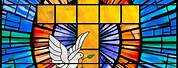 Stained Glass Window with Cross and Holy Spirit