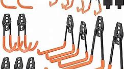 Upgraded 16 Packs Garage Hooks Utility Double Heavy Duty with Mop Broom Holders, Wall Mount Hooks, Garage Storage Organization and Tool Hangers for Power ＆ Garden Tools, Ladders, Bikes(Orange)