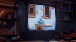 2d Pixel Player Dies To Enemy On Level Of Classic Digital Platformer Game. Feeling Nostalgia By Enjoying Digital Platformer Game. Collecting Coins In Digital Platformer Game On Console. Retro TV