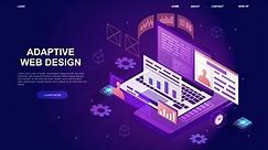 Adaptive interface design video concept. Landing page with moving isometric laptop, pop-up windows, buttons and text. Website that adapts to various digital devices. Graphic animated cartoon
