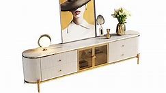 Modern White TV Stand with Oval Sintered Stone Top & Tempered Glass Doors Media Console | Homary