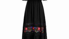 IDOPIP Women Mexican Dress Off Shoulder Floral Embroidered Long Maxi Dress Traditional Fiesta Dresses
