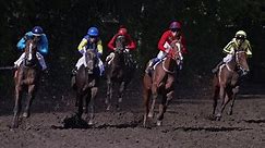 Horse racing at summer racetrack on dirty ground in old hippodrome. Close up of Riders on horses racing at super slow motion filmed on Nikon z9 high quality camera