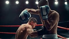 Cinematic Boxing Match in Super Slow Motion. Boxer Avoiding a Punch and Countering with a Hook to the Body, Surprising the Opponent. Aesthetic Footage with a Speed Ramp Action Effect