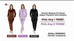 Women Regular Fit Velvet Zipper Track Suit With Pockets | PIKMAX