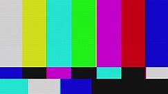 No signal, glitch retro TV screen. Distortion analog TV signal. Television error screen. SMPTE color bars data glitches. Bad signal, damaged interference, flickering old vintage TV screen.