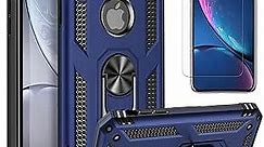 iPhone XR Case Protective, with [Tempered Glass Screen Protector Included], Military Grade Shockproof Dual Layers Protective Phone Cover with Built-in 360° Rotate Metal Ring Kickstand - Navy