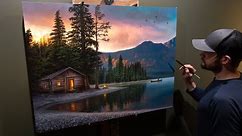 Landscape Oil Painting "Lakeside Heaven" - Cabin at Sunrise