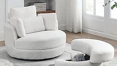 39"W Oversized Swivel Chair with Moon Storage Ottoman for Living Room, Modern Accent Round Loveseat Circle Swivel Barrel Chairs for Bedroom Cuddle Sofa Chair Lounger Armchair, 4 Pillows, Teddy Fabric