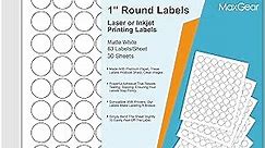MaxGear 1" Round Sticker Labels, for Inkjet or Laser Printer, Matte White Printable Labels Sheets, Strong Adhesive, Dries Quickly, Holds Ink Well, 30 Sheets, 1890 Labels