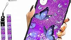 ZIYE Designed for iPhone XR Case Purple Butterfly Hard Lanyard Case with Phone Ring Holder,Full Body Protection Shockproof Drop Protection Soft TPU Bumper Cover Protective Phone Case