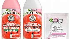 Garnier Fructis Plumping Shampoo and Conditioner Set for Volumizing and Moisturizing Fine Hair, Watermelon Extract, 11.8 oz each,Micellar Water Sample included