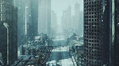 Camera move along the street through destroyed city with dust particles. Blue tint. Seamless loop.