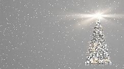 Merry Christmas greeting animated card. Christmas tree with shining light and sparking around on light grey background, 4K holiday live wallpaper