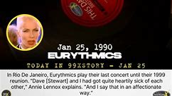 Name an 80's request we can play for you? On this day in 99XStory...1990...In Rio, Eurythmics play their last concert until their '99 reunion. "Dave [Stewart] and I had got quite heartily sick of each other," Annie Lennox explains. "And I say that in an affectionate way." Eurythmics live on 99X. #Eurythmics #AnnieLennox #DaveStewart | Barnes