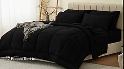 CozyLux Queen Comforter Set - 7 Pieces Bed in a Bag Set Black, Bedding Sets Queen with All Season Quilted Comforter, Flat Sheet, Fitted Sheet, Pillowcases, Black, Queen