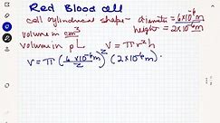SOLVED: How large, in cubic centimeters, is the volume of a red blood cell (in cm^3 ) if the cell has a cylindrical shape with a diameter of 6 ×10^-6  m and a height of 2 ×10^-6  m ? What is the volume in pL? | Numerade