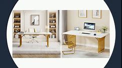 Tribesigns 63" White Office Desk, Modern Executive Desk Large Computer Desk with Gold Metal Frame, Wood Study Writing Desk Workstation for Home Office (White & Gold)
